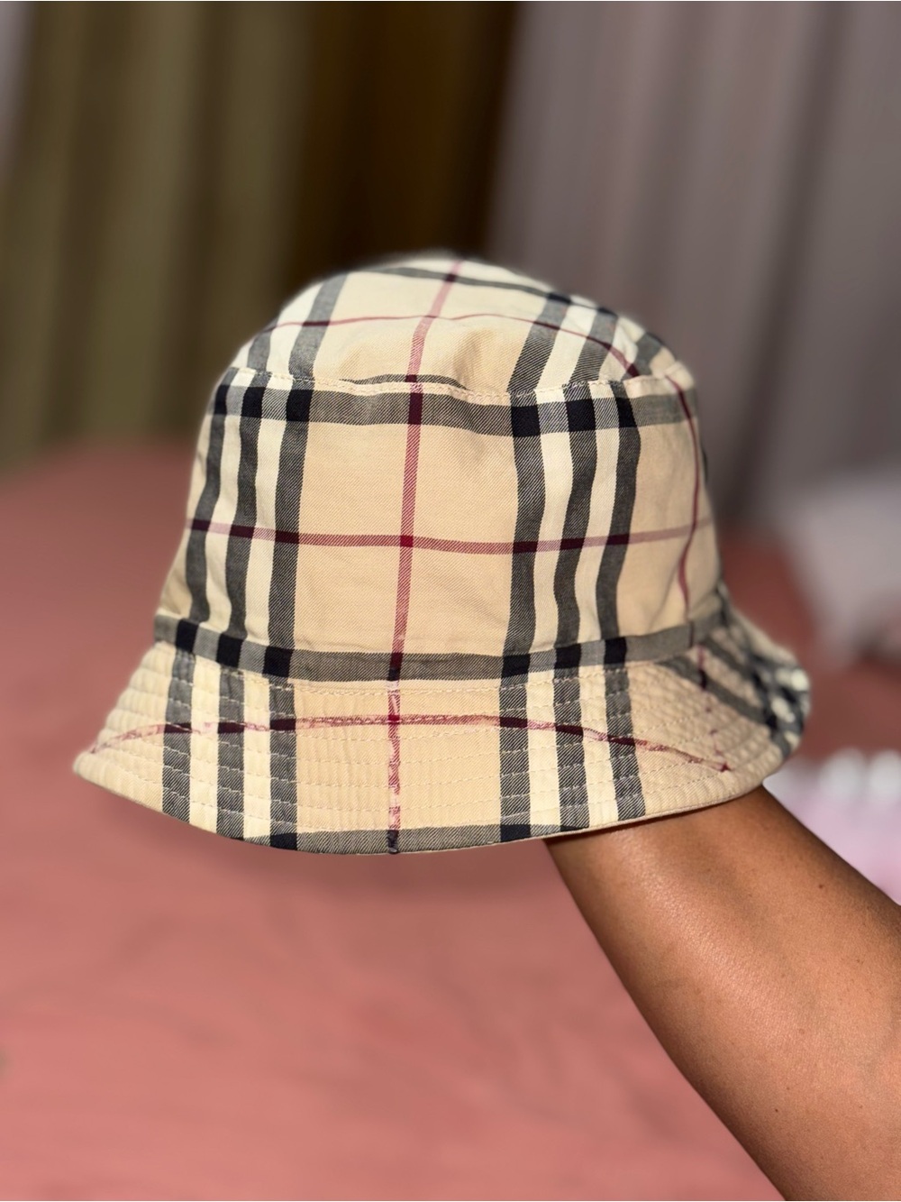 Burberry Beige Tartan Bucket Hat with Black & Red Stripes